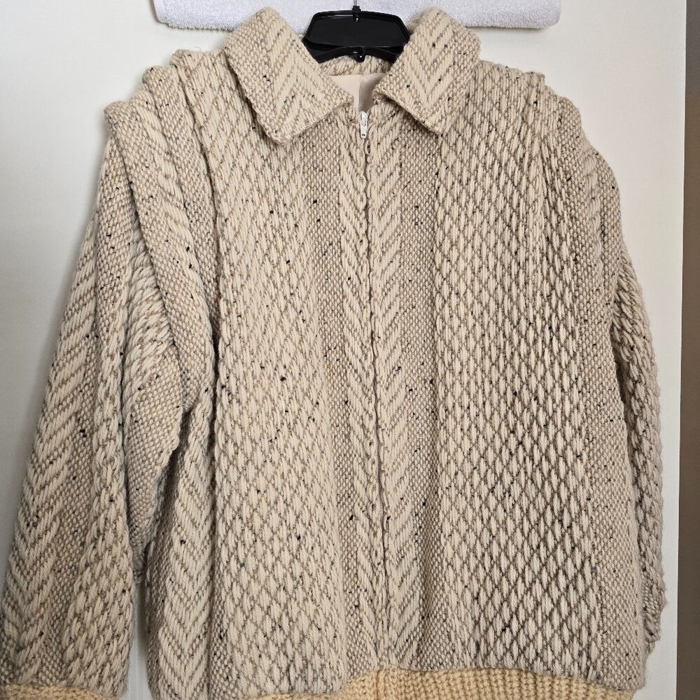 Branigan Weavers Ireland Wool Knitted Zip Jacket Irish Tan Multi Mens EUC Lined.